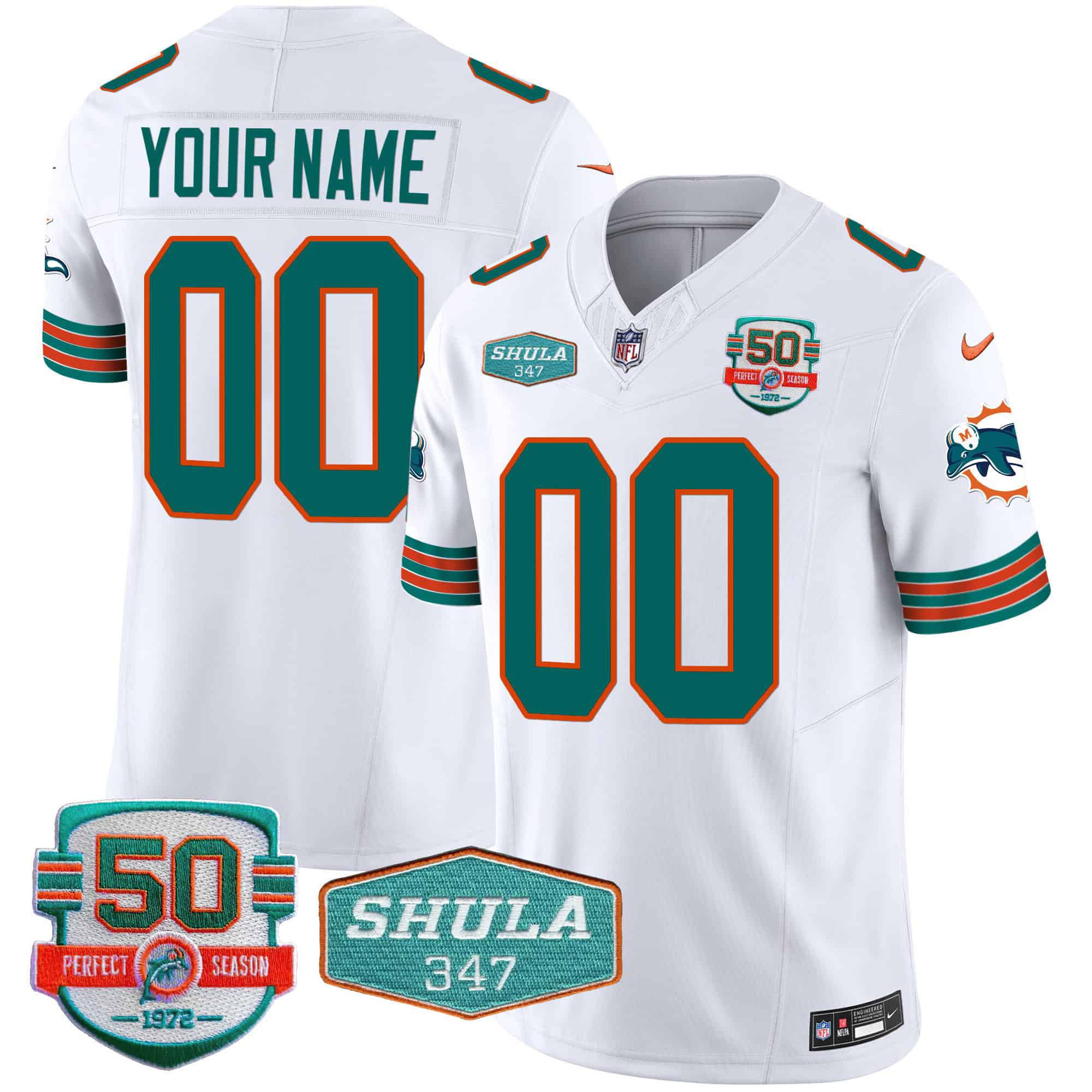 Men Miami Dolphins White 2024 Nike Throwback Shula 347 Patch Vapor Custom NFL Jersey